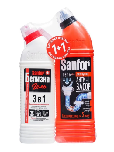 SANFOR гель д/труб turbo 750г + белизна гель 500г